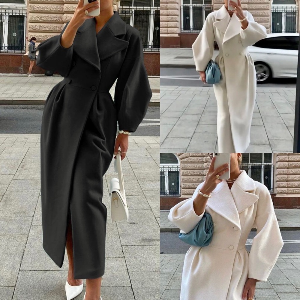 Black / ivory thick luxurious long puff sleeve double breasted trench coat